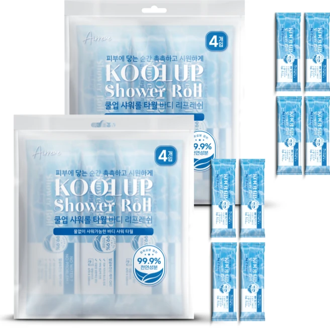 에어레브 쿨업 샤워롤 천연 성분 99% 물 없이 샤워 가능한 웻타월 바디 샤워티슈 특대형 임산부 환자용 여행용 입원 몸닦는 바디 티슈 국내 제조, 2개, 4개입 - 쿠팡