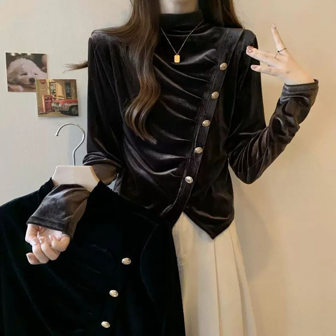 ROYALBELLE 여성 벨벳 사이드버튼 하이넥 티셔츠 데일리 슬림핏 긴팔 티셔츠 E01120921