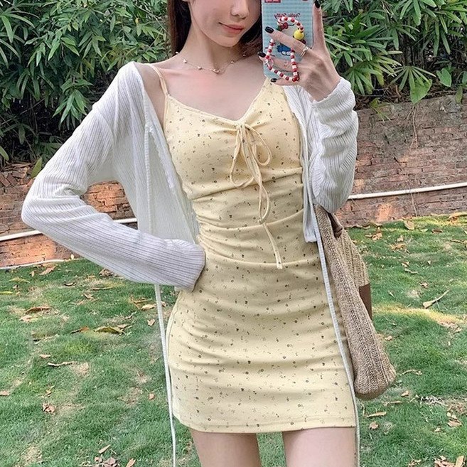 cammello 레몬 옐로우 리본 나시 뷔스티에 미니원피스 슬림핏 셔링 원피스