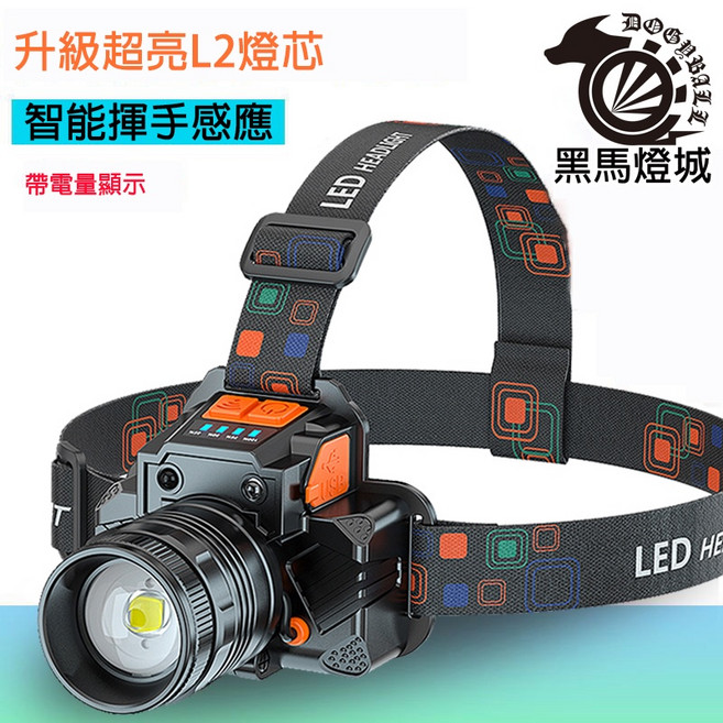 黑馬燈城 L2燈芯 智能揮手感應頭燈 USB充電 多功能LED強光 變焦 頭戴式, 白光, 1個