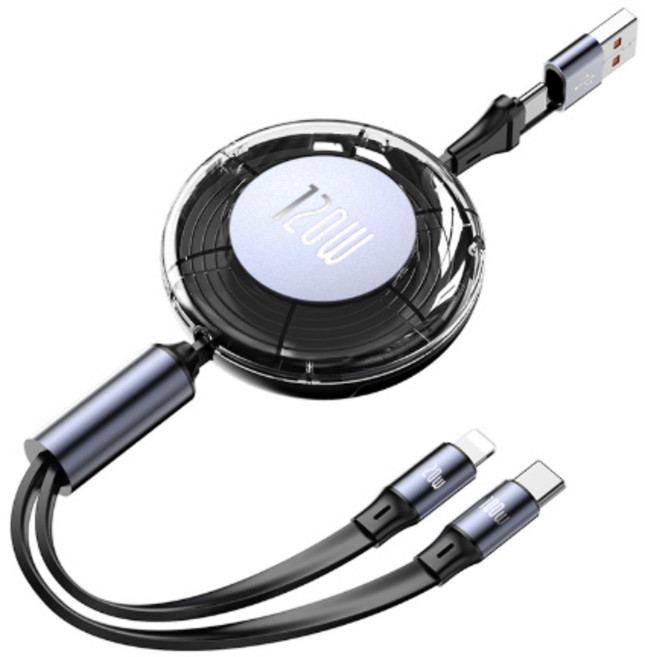 투에이비 노트북 태블릿 휴대폰 100W+20W 듀얼 C타입/8핀 릴 케이블, 1개, 블랙, 1.2m