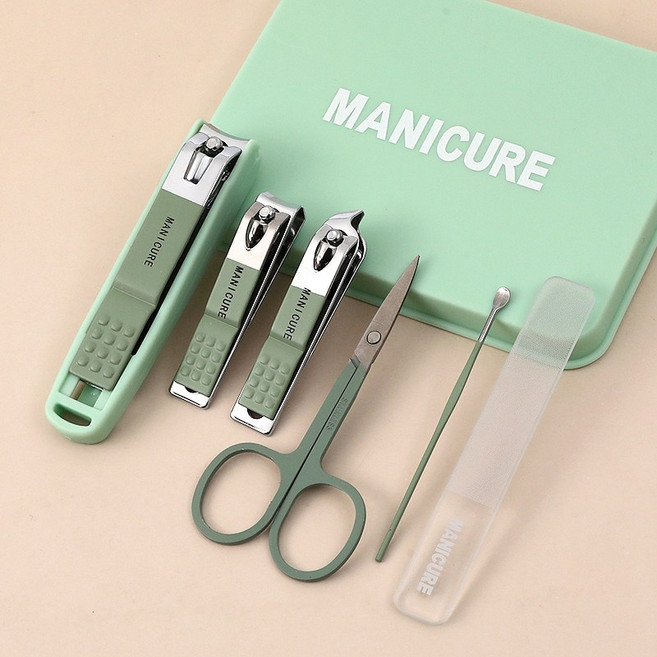 고급 발톱깎이+ 귀이개 + 눈썹가위 + 각질제거기 네일케어 6종세트 RTRGH-4, 1개, 그린