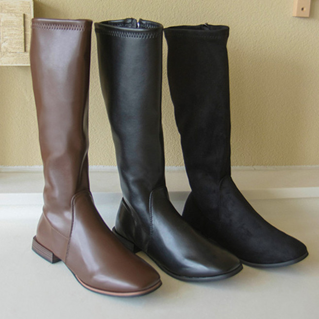 슬림 레더 스퀘어토 옆지퍼 롱부츠 비아테 2cm