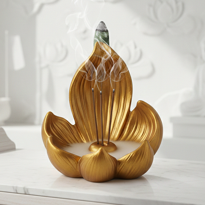 희비키 연꽃 인센스 홀더 받침대 향로 조각상, 골드