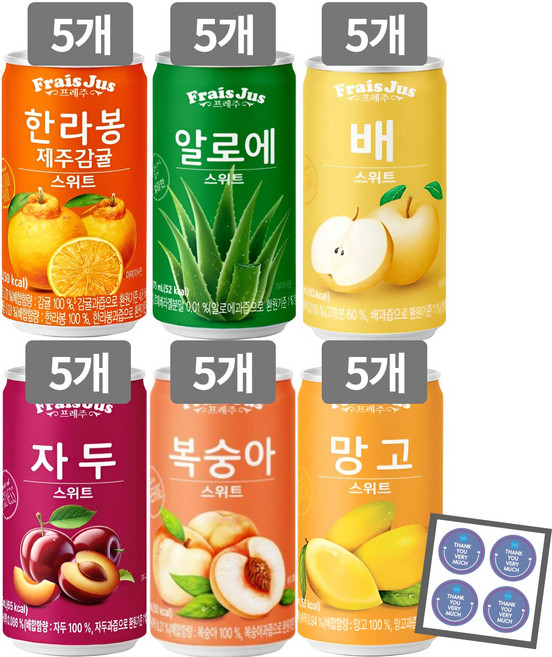 일화 미니 소캔 음료 프레주 6종 각 5캔씩 혼합세트(한라봉/알로에/배/자두/복숭아/망고)+캔톡톡땡큐감사스티커, 30개, 175ml