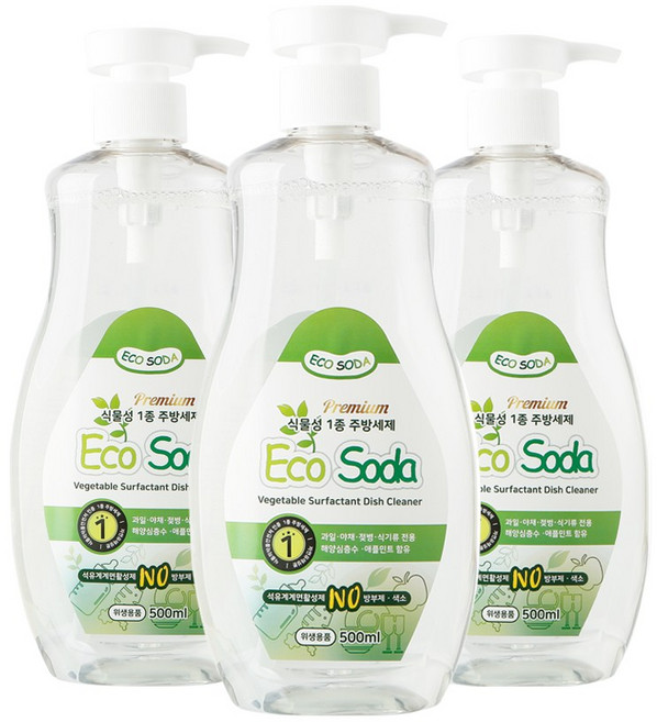 에코소다 식물성 1종 주방세제 3개 (과일 채소 젖병 식기전용), 500ml, 3개입