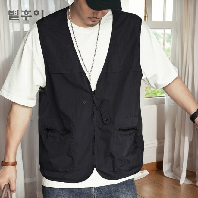 별후이 남성 빅사이즈 브이넥 아웃도어 지퍼포켓 조끼 집업 민소매 자외선 차단 베스트