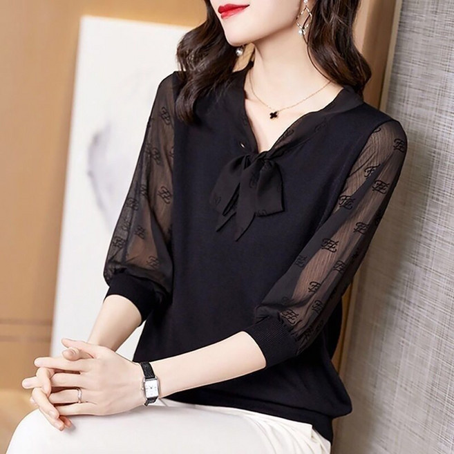 로르카 여성 리본넥 시스루소매 루즈핏 우아한 7부소매 쉬폰 블라우스 K0031503