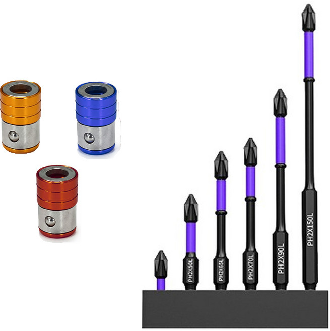 6종세트 자석 달린 다용도 만능 십자 드라이버 육각 비트 세트 + 초강력 네오디움 자석 드라이버 비트 자화기 3개, 9개