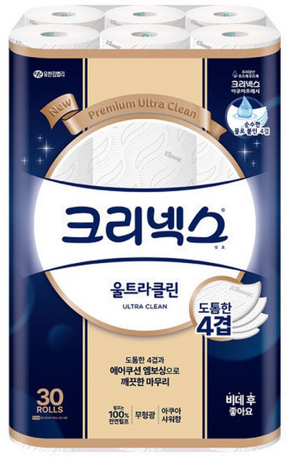 크리넥스 4겹 울트라클린 25M 30롤 1팩 휴지 화장지, 30개