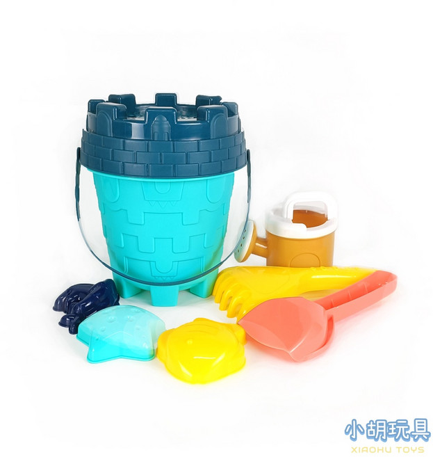 小胡玩具 7件組 圓形沙灘桶 沙灘工具 玩沙工具 兒童玩具, 1個, 藍綠(圖1-3款)