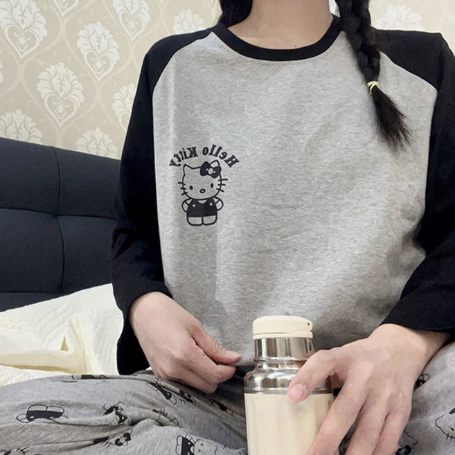 GOYES 산리오 헬로 키티 여성 반팔 긴팔 홈웨어 세트 잠옷 세트