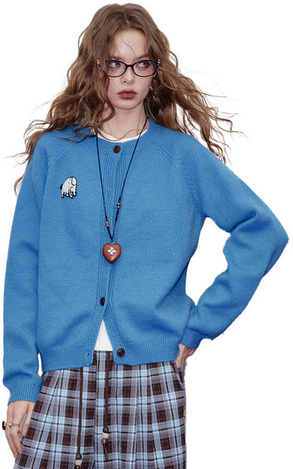 ELFSACK 여성 오버핏 풀오버가디건강아지 자수 순색 라운드넥 데일리 캐주얼 긴팔 니트 가디건