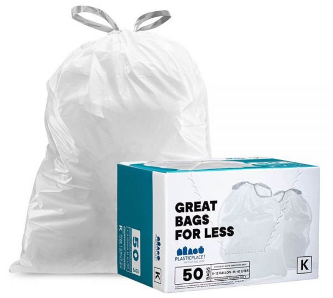 Plasticplace플라스틱 장소 맞춤형 쓰레기 봉투 간단한 인간 코드 K50개 흰색 드로스트링 라이너 10갤런/38리터 24인치 x 28인치, 1 Count (Pack of 50)