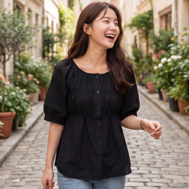 B178-9 카비운 빅사이즈 여성 셔링 반팔 블라우스 여름용