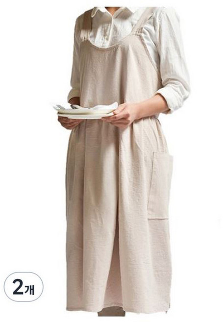 젊은이마켓 북유럽 심플 린넨 원피스 앞치마, 베이지, 2개