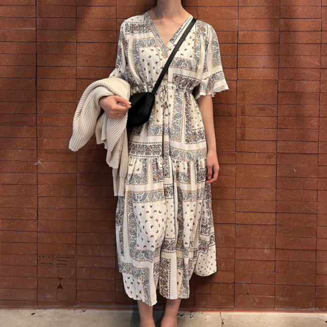 여름 반다나 페이즐리 셔링 롱 원피스 바캉스룩 바닷가 해변 여행