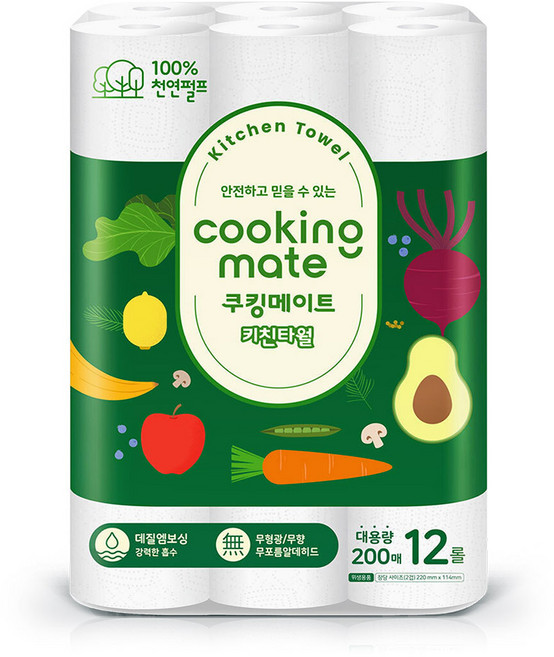 100% 천연펄프 쿠킹메이트 대용량 키친타월 200매 12롤, 12개입, 1개