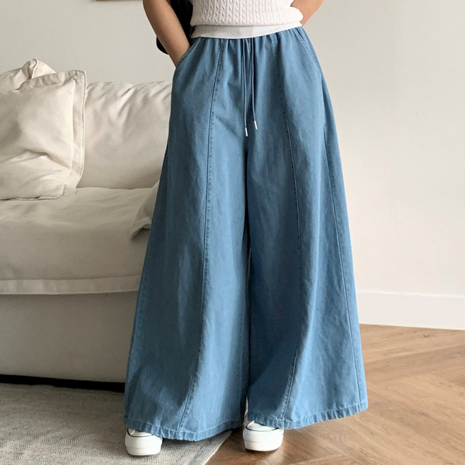 더한땀 여성 와이드 밴딩 데님 팬츠 치마바지 통넓은 빅사이즈 청바지