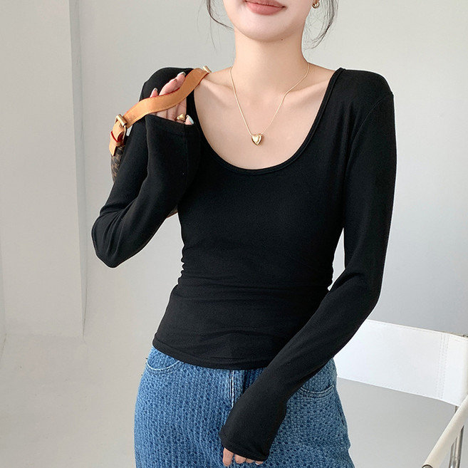 Makone 여성 라운드넥 긴팔 솔리드 슬림핏 티셔츠 이너