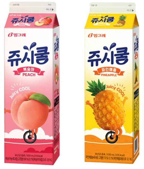 빙그레 쥬시쿨 2종 930ml 복숭아4+파인애플4/냉장무배