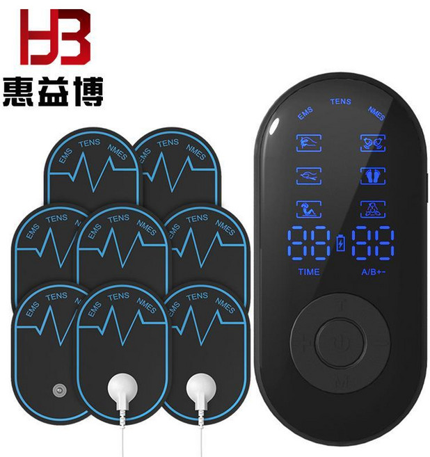 HB 惠益博 多功能按摩儀 EMS/TENS/NMES 三頻率切換, 電池款-藍/黑--隨機（中文）,雙線一拖四