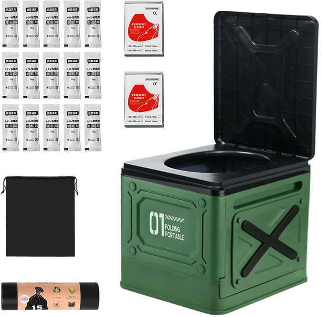 CozyTemp 휴대용 접이식 변기 캠핑용 차박변기 이동식 야외 간이화장실 응고제+분해성비닐+보관용 파우치+휴대용 보온 담요, 1세트, 그린
