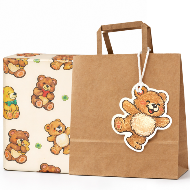 [무해해] 선물포장 올인원 세트 포장지 + 쇼핑백 + 행택, 5개, 해피베어