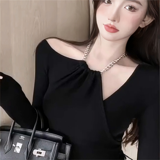 Vezri 여성 봄 가을 섹시 오프숄더 슬림핏 긴팔 티셔츠 F88