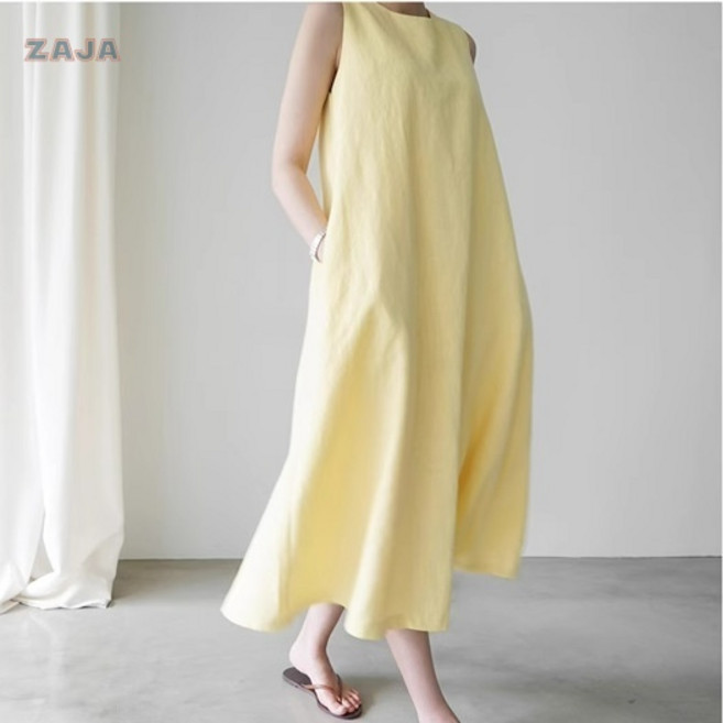 ZAJA 여성 여름 린넨 민소매 롱원피스 루즈핏 체형커버 나시 원피스