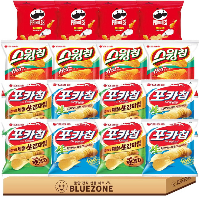 감자미니스낵 세트 포카칩 오리지널4 어니언4 스윙칩 볶음고추장4 프링글스 오리지널4, 1박스, 혼합