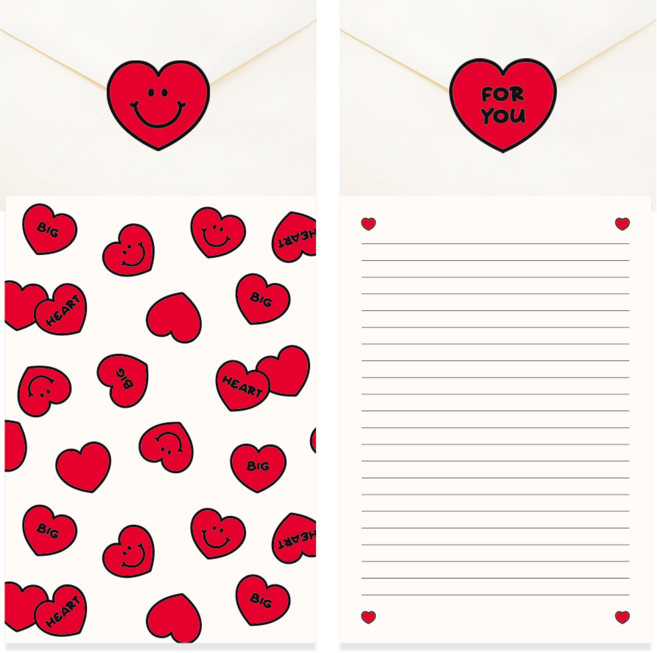 포포샵 귀여운 편지지 4p + 편지봉투 4p + 스티커 4p 세트, 1팩, 레드하트