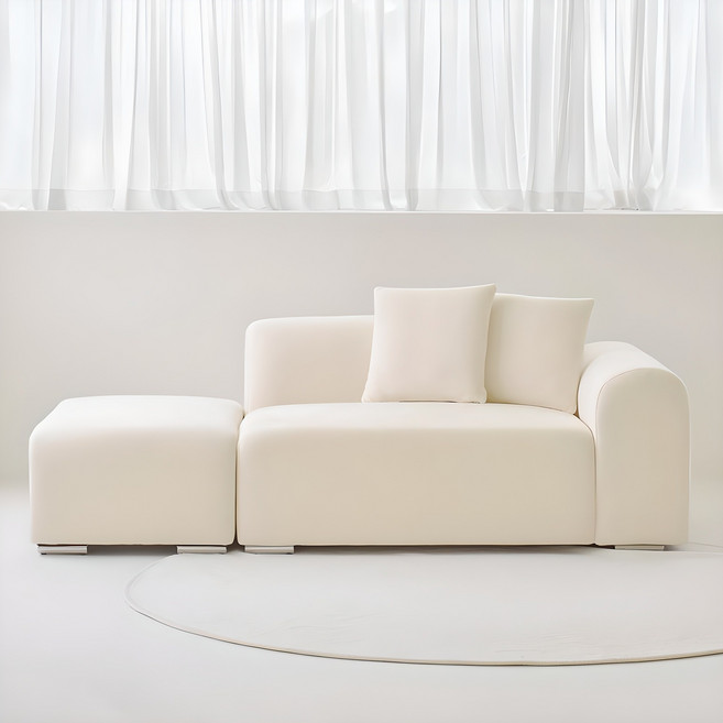 도모디자인 벨리나 패브릭 2인용 소파 좌형 + 스툴 + 쿠션 2p 세트 방문설치, 아이보리