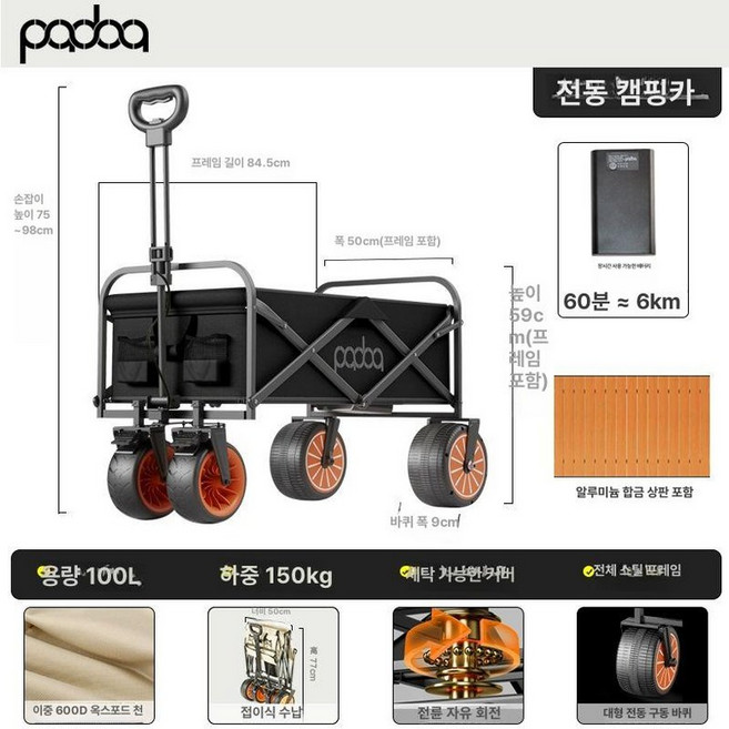 전동웨건 전동카트 트레일러 웨건 운반카 접이식 핸드카 구르마 수레 사륜, 기본 사용 인원, 전동 요란 블랙 6KM 가능 모델+롤