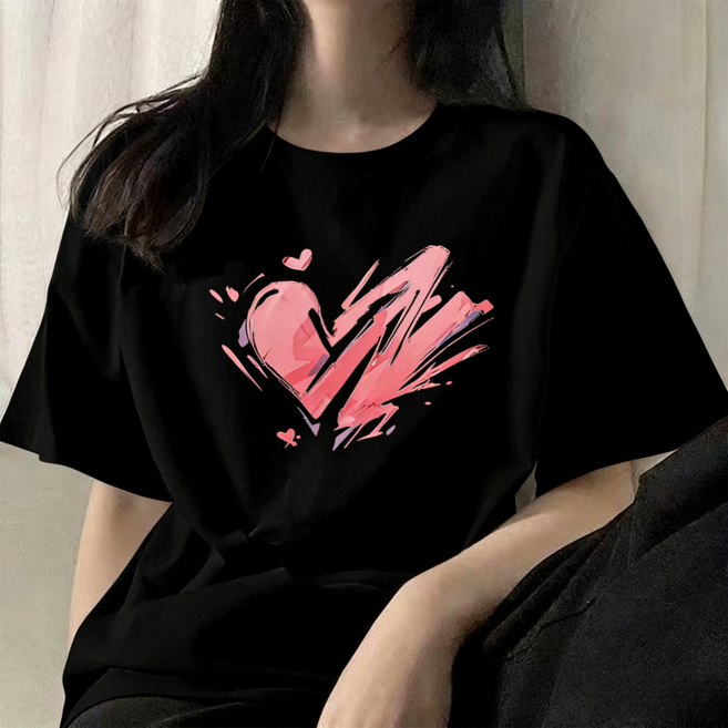 BiimTee 여성 라운드넥 하트 프린트 반팔 오버사이즈 티셔츠 날씬해보이는 캐주얼 탑
