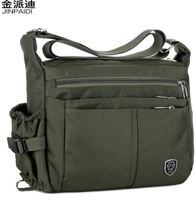 JINPAIDI 多口袋尼龍防潑水單肩斜挎包, 軍綠色