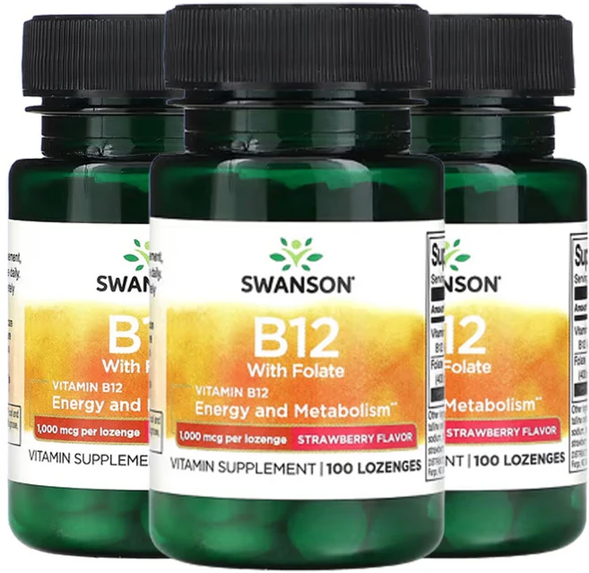 스완슨 엽산 함유 비타민B12 딸기 맛 1 000mcg 사탕 정제 100정, 3개 - 쿠팡