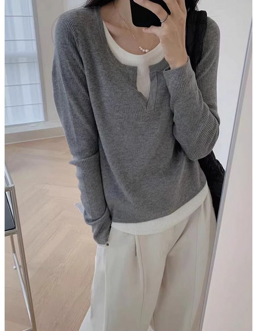 STYLE DR 봄가을 가짜투피스 패치 긴팔 티셔츠 상의 슬림 이너