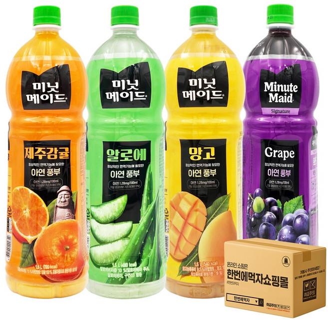 [한번에먹자] 미닛메이드 주스 4종 혼합 (제주감귤1 + 알로에1 + 망고1 + 포도1), 4개, 1.5L