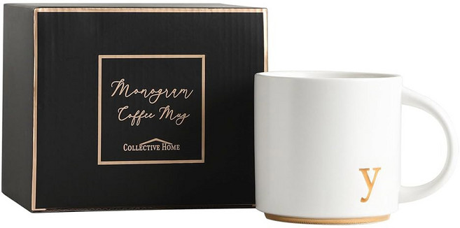 콜렉티브 홈 - 모노그램 세라믹 머그컵 15온스 골든 이니셜 커피 컵 우아한 알파벳 티 선물 상자가 있는 개인 맞춤형 사무실 및 가정용 고급스러운 컵 (m), gold-y