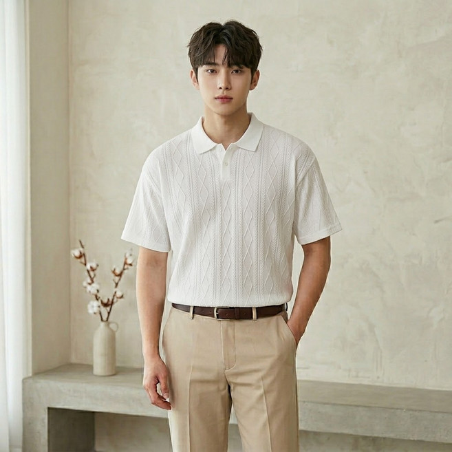 스타일닥터 남성 여름 루즈핏 자카드 반팔 니트 카라티 캐주얼 폴로셔츠