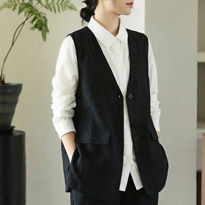 조끼 빅사이즈 쿨 오피스룩 봄 데일리 루즈핏 마 여성 가을 린넨 포켓 베스트 여름