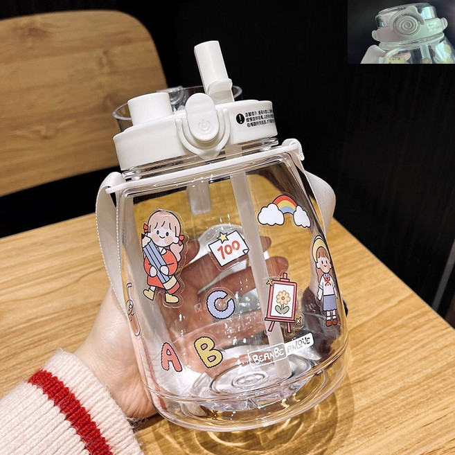 BEANBOANONE 大肚水杯 送時間標記, 雙飲大肚杯白色1300ml 含杯帶 卡通貼紙, 1套, 1300L