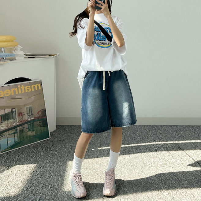 소유진 여성용 밴딩 와이드 5부 반바지 버뮤다팬츠