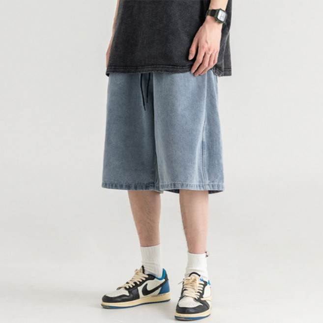 양놀 남자 루즈핏 와이드 5부 밴딩 청 반바지 하프 데님 팬츠