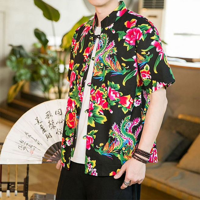 男士五分袖中式盤扣花襯衫