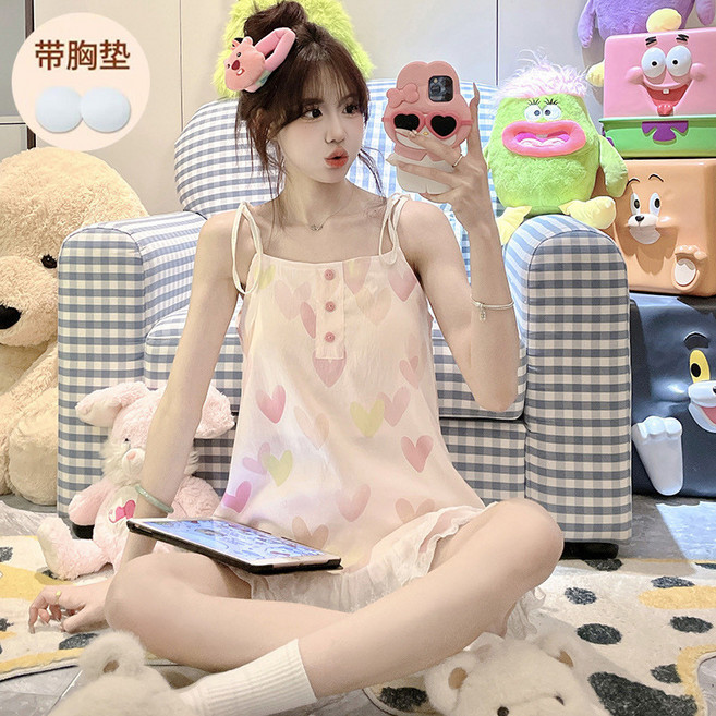 格子睡衣 帶胸墊 可愛家居服