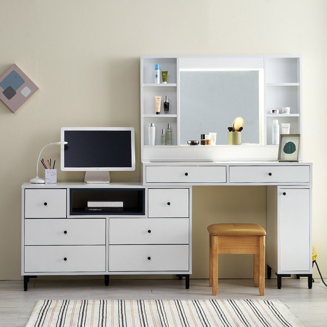 동서가구 아론 1200 와이드 LED조명 화장대+공간박스 DF915154, 화이트 유광 오크 무광