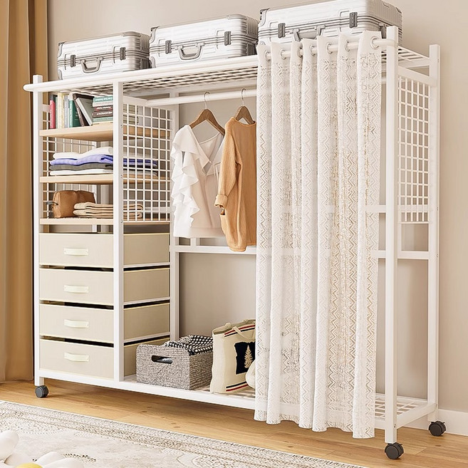 H N Quality Home 견고한 철제 저장물 시스템행거+커튼, 화이트