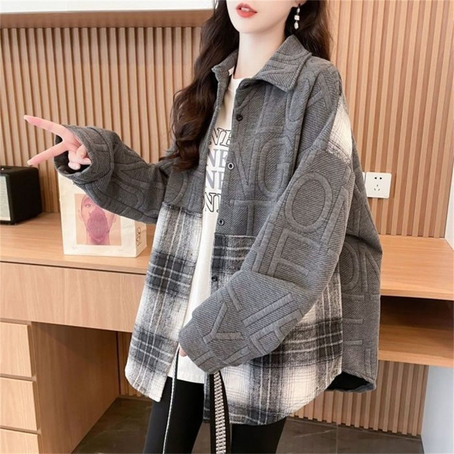 Vezri 여성용 캐주얼 오버핏 체크 패턴 가을 겨울 코튼 혼방 자켓